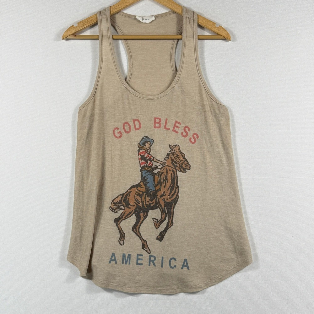 Phil Love God Bless America Tank Top Womens Small Tan Cowboy Americana Western